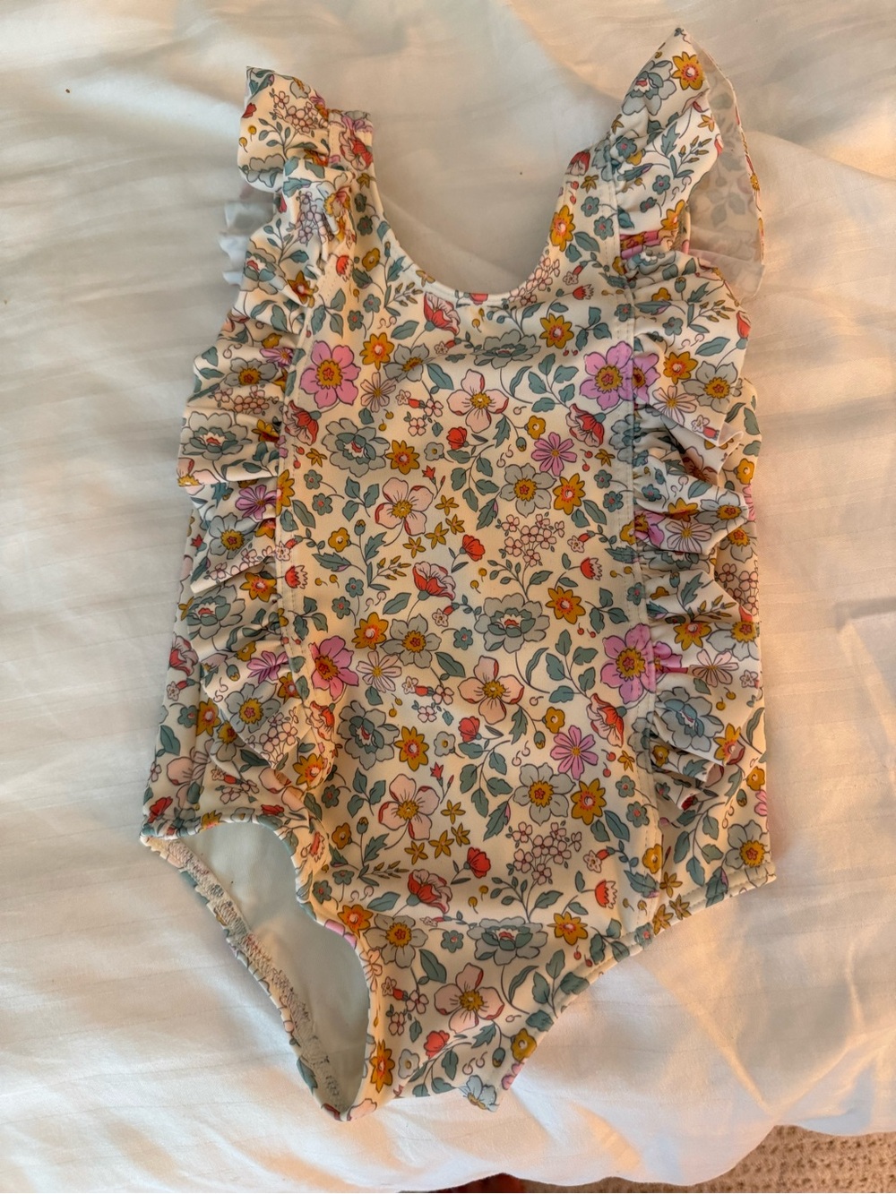 Quince Cream Floral Ruffle One-Piece Swimsuit with Pink, Yellow & Blue Flowers